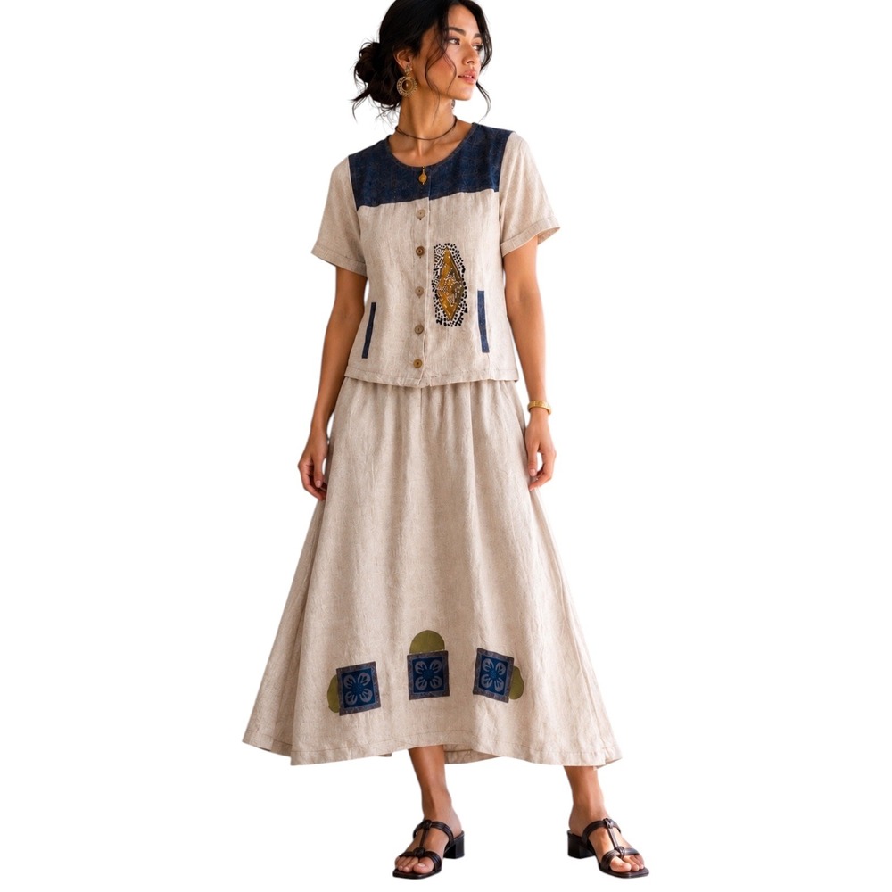 Reminisce Vintage Linen Patchwork Dress & Vest Set XL Boho Artisan Coastal USA
